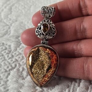 Gold Druzy Leopard Quartz Citrine Sterling Silver 925 Pendant Teardrop Jewelry